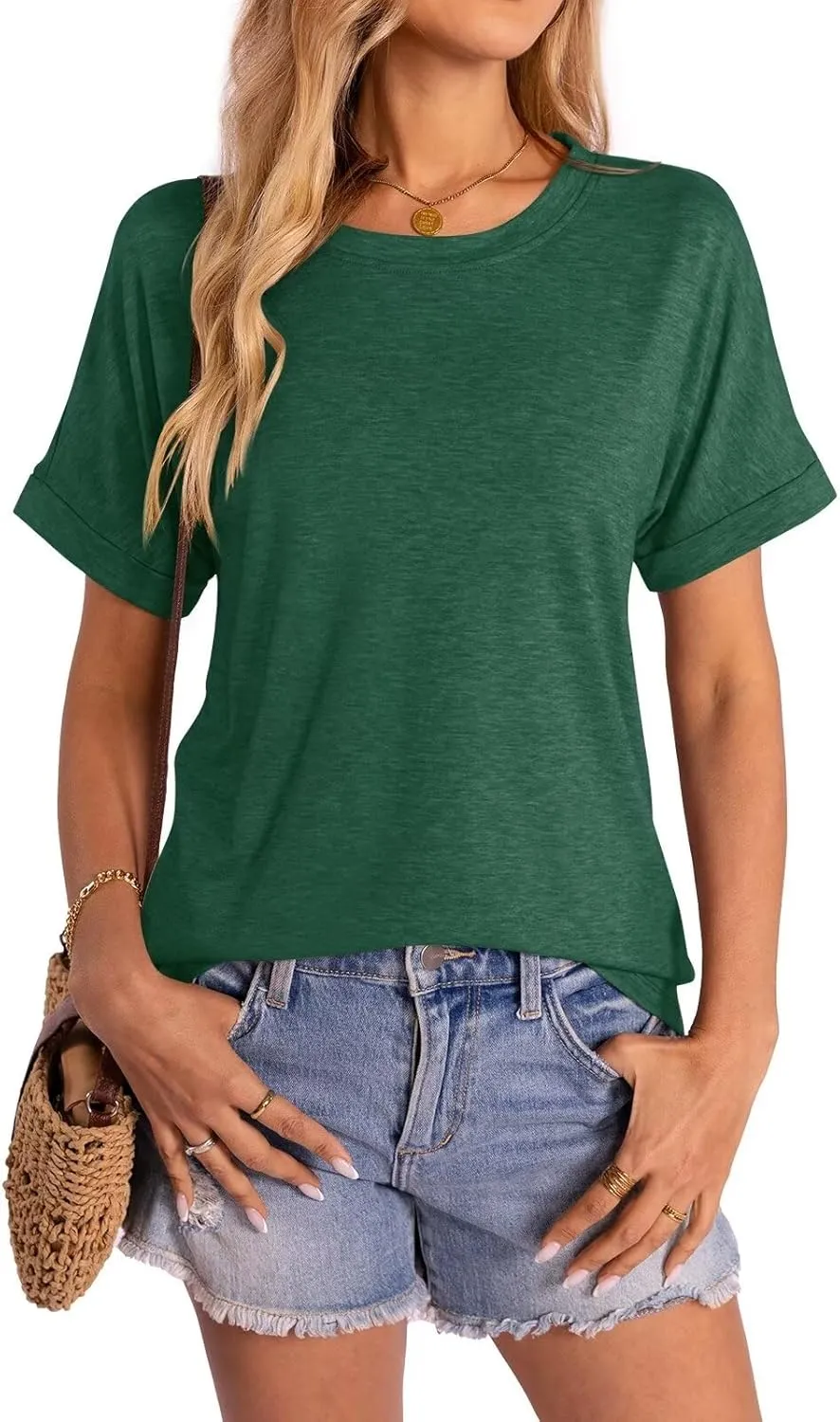 Women's T-Shirts Rolled Short Sleeve Shirts Crewneck Summer Tops Solid Loose Casual Tees Shirts