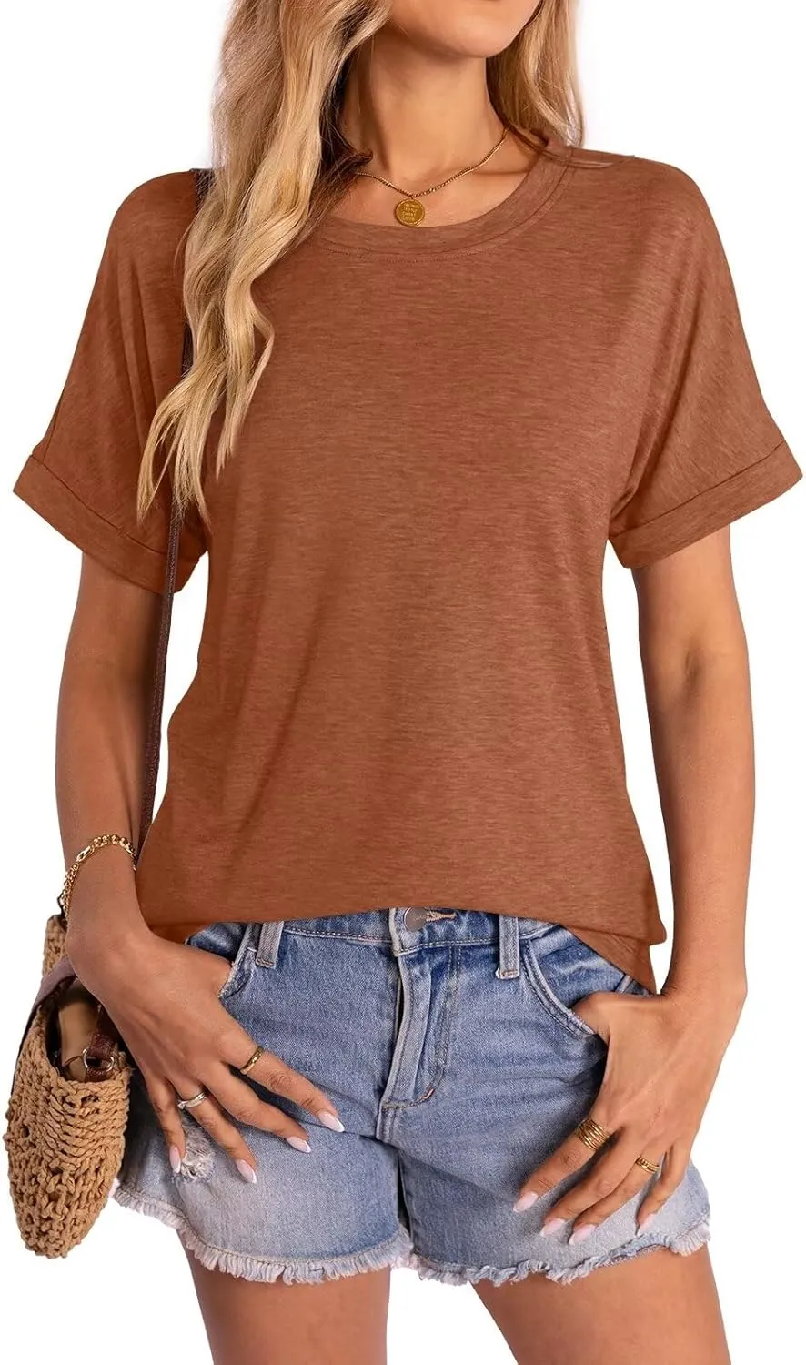 Women's T-Shirts Rolled Short Sleeve Shirts Crewneck Summer Tops Solid Loose Casual Tees Shirts