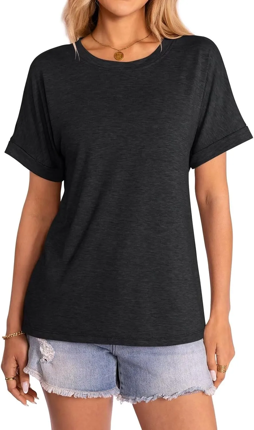 Women's T-Shirts Rolled Short Sleeve Shirts Crewneck Summer Tops Solid Loose Casual Tees Shirts