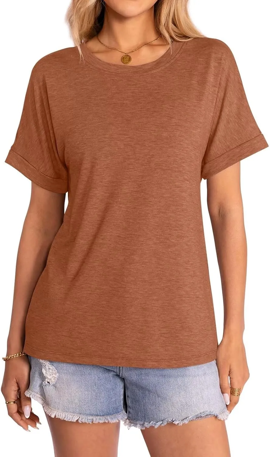Women's T-Shirts Rolled Short Sleeve Shirts Crewneck Summer Tops Solid Loose Casual Tees Shirts