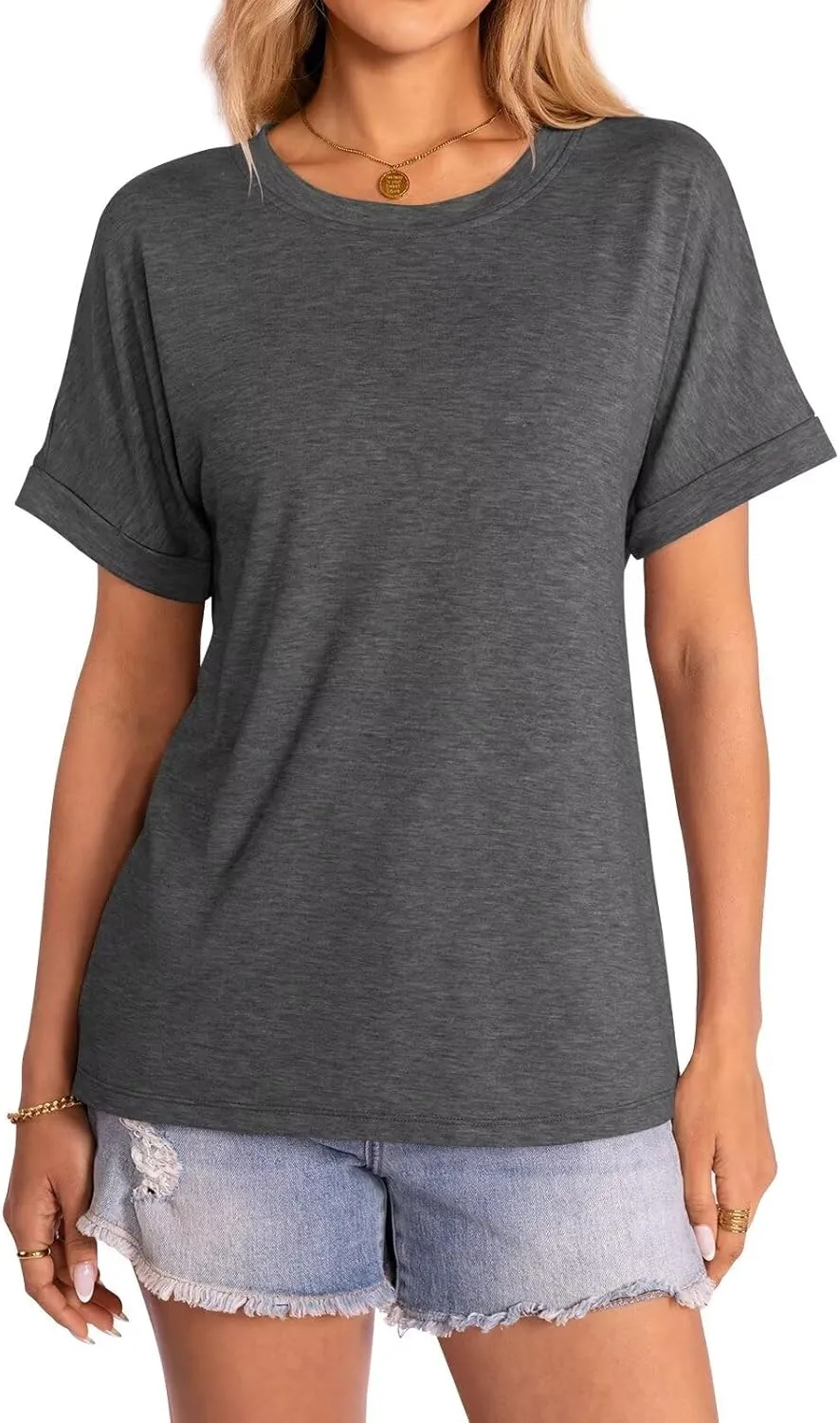 Women's T-Shirts Rolled Short Sleeve Shirts Crewneck Summer Tops Solid Loose Casual Tees Shirts
