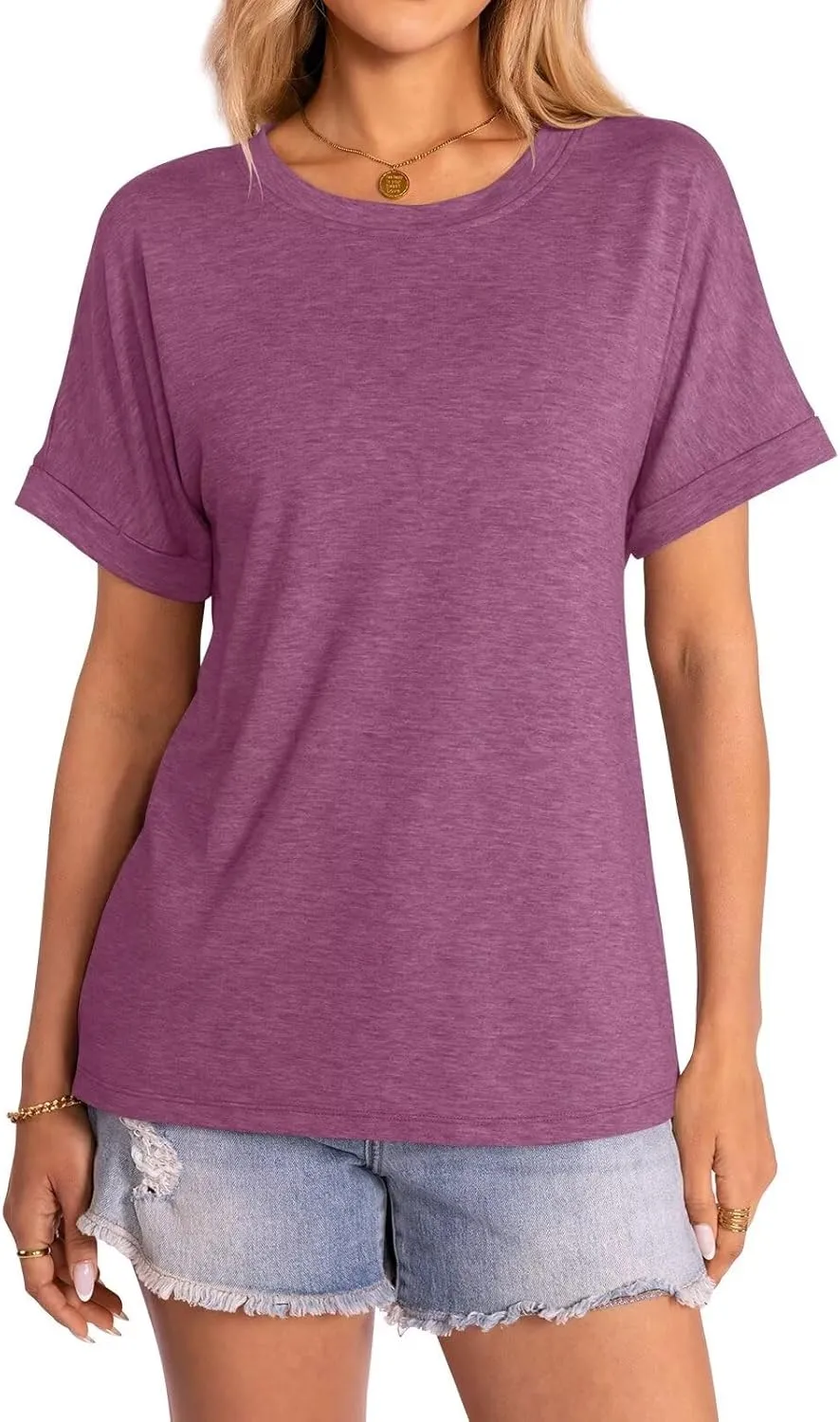 Women's T-Shirts Rolled Short Sleeve Shirts Crewneck Summer Tops Solid Loose Casual Tees Shirts