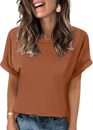 Women's T-Shirts Rolled Short Sleeve Shirts Crewneck Summer Tops Solid Loose Casual Tees Shirts