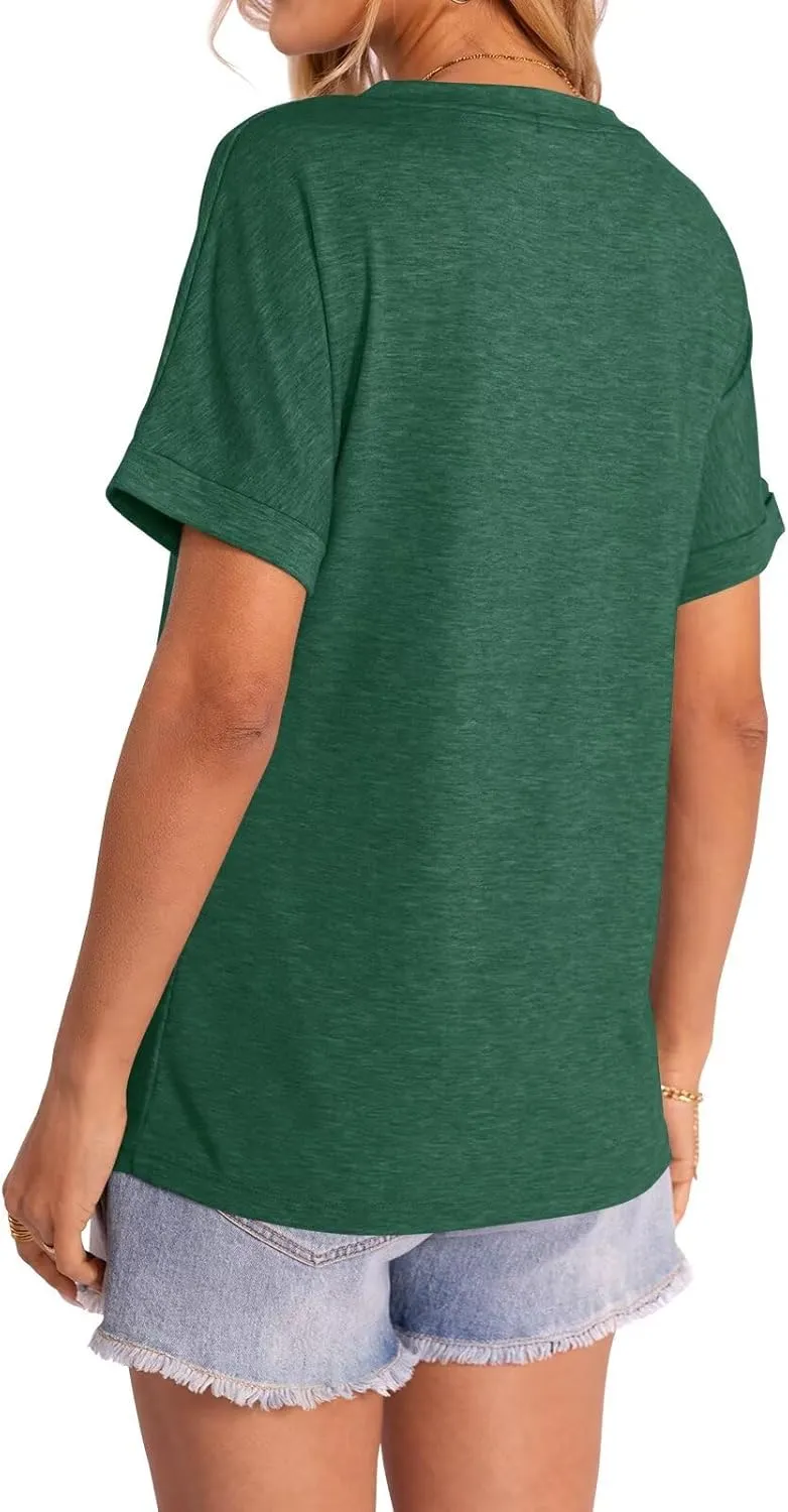 Women's T-Shirts Rolled Short Sleeve Shirts Crewneck Summer Tops Solid Loose Casual Tees Shirts