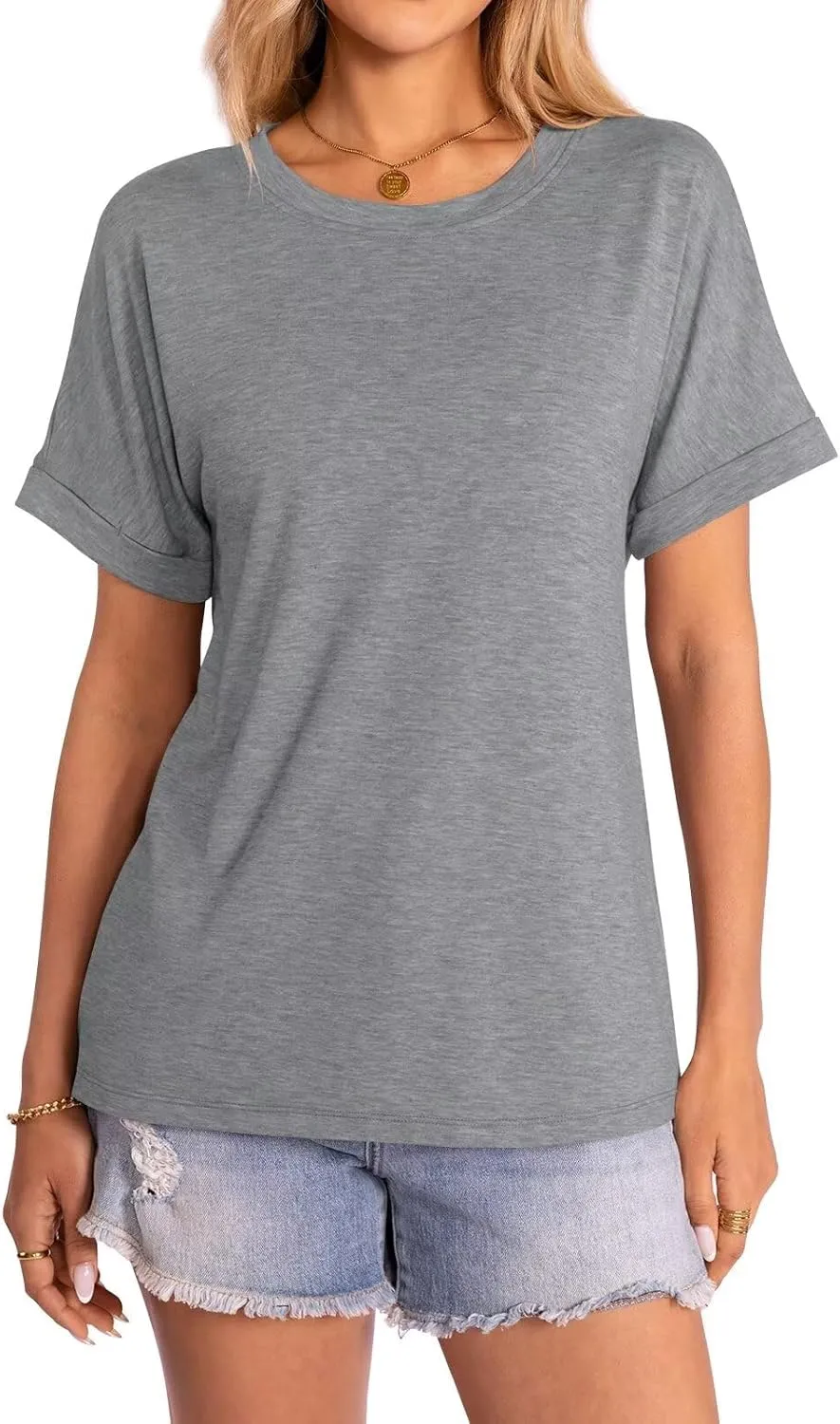 Women's T-Shirts Rolled Short Sleeve Shirts Crewneck Summer Tops Solid Loose Casual Tees Shirts