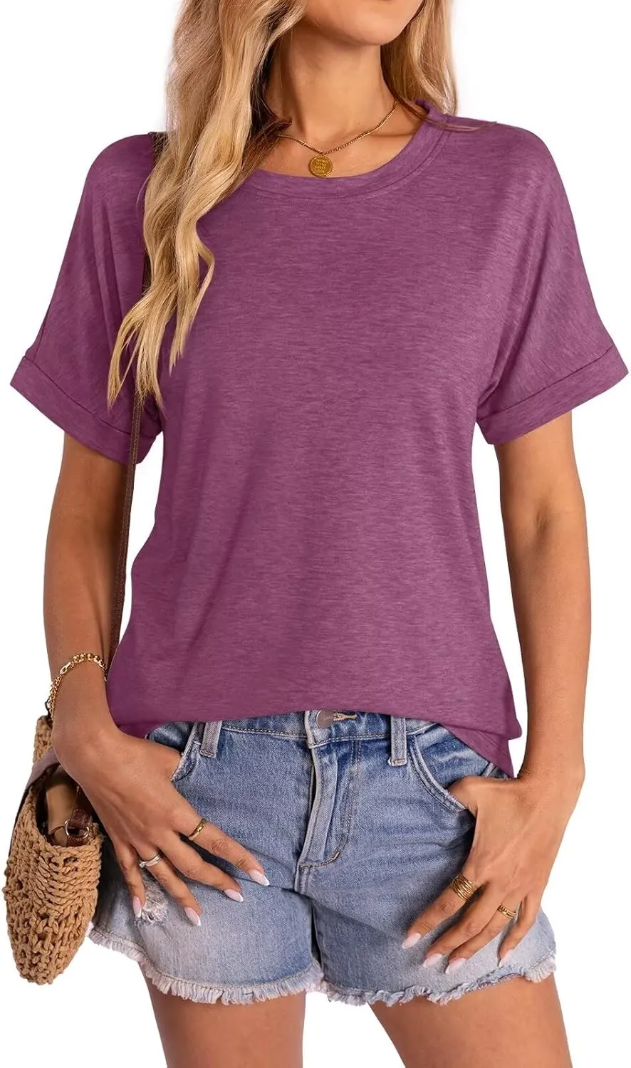 Women's T-Shirts Rolled Short Sleeve Shirts Crewneck Summer Tops Solid Loose Casual Tees Shirts