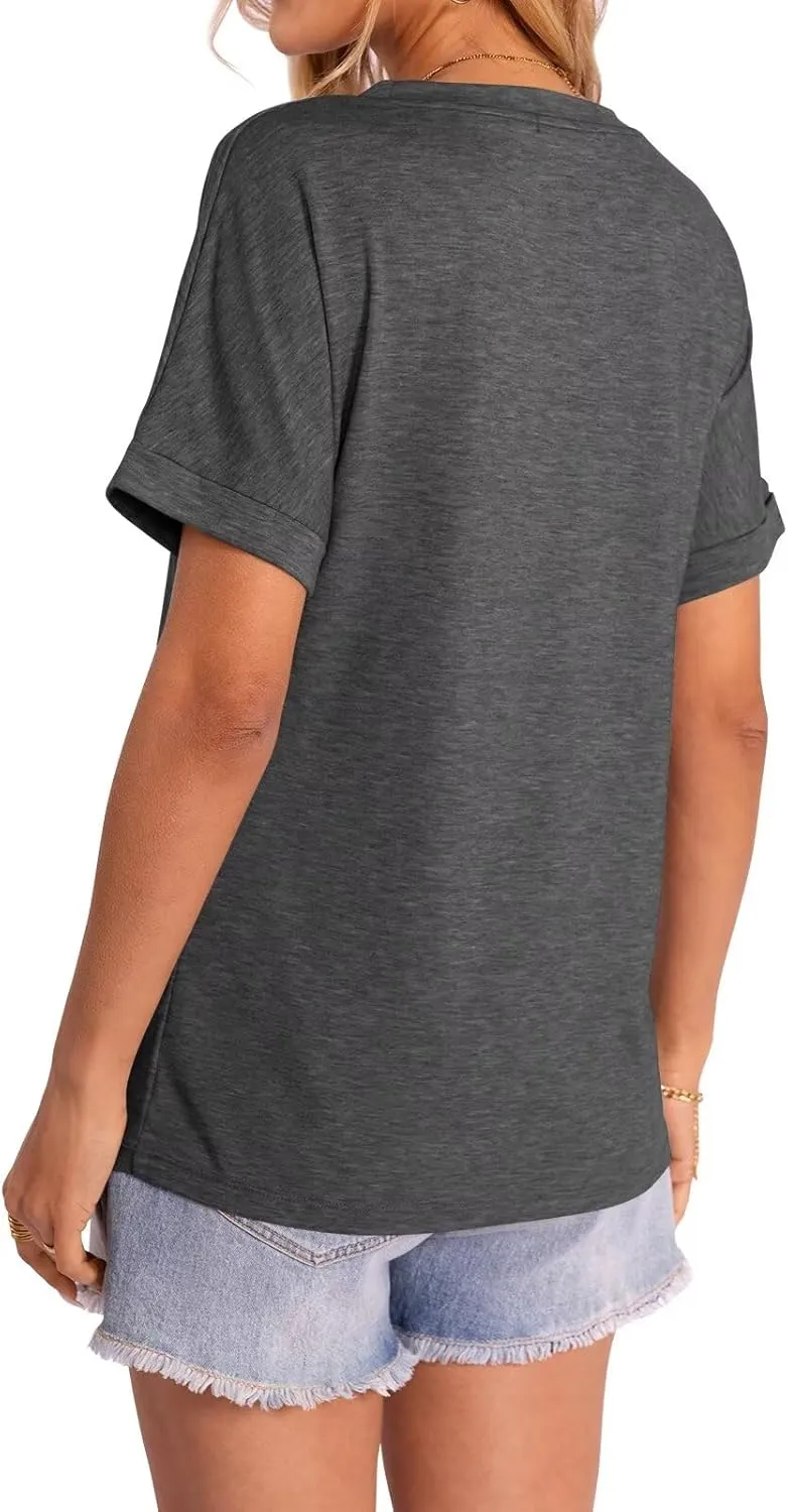 Women's T-Shirts Rolled Short Sleeve Shirts Crewneck Summer Tops Solid Loose Casual Tees Shirts