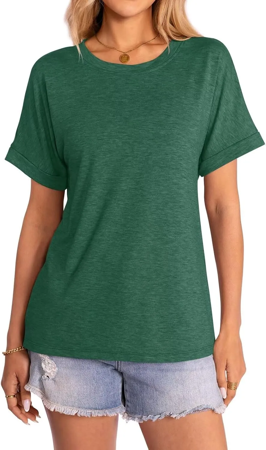 Women's T-Shirts Rolled Short Sleeve Shirts Crewneck Summer Tops Solid Loose Casual Tees Shirts
