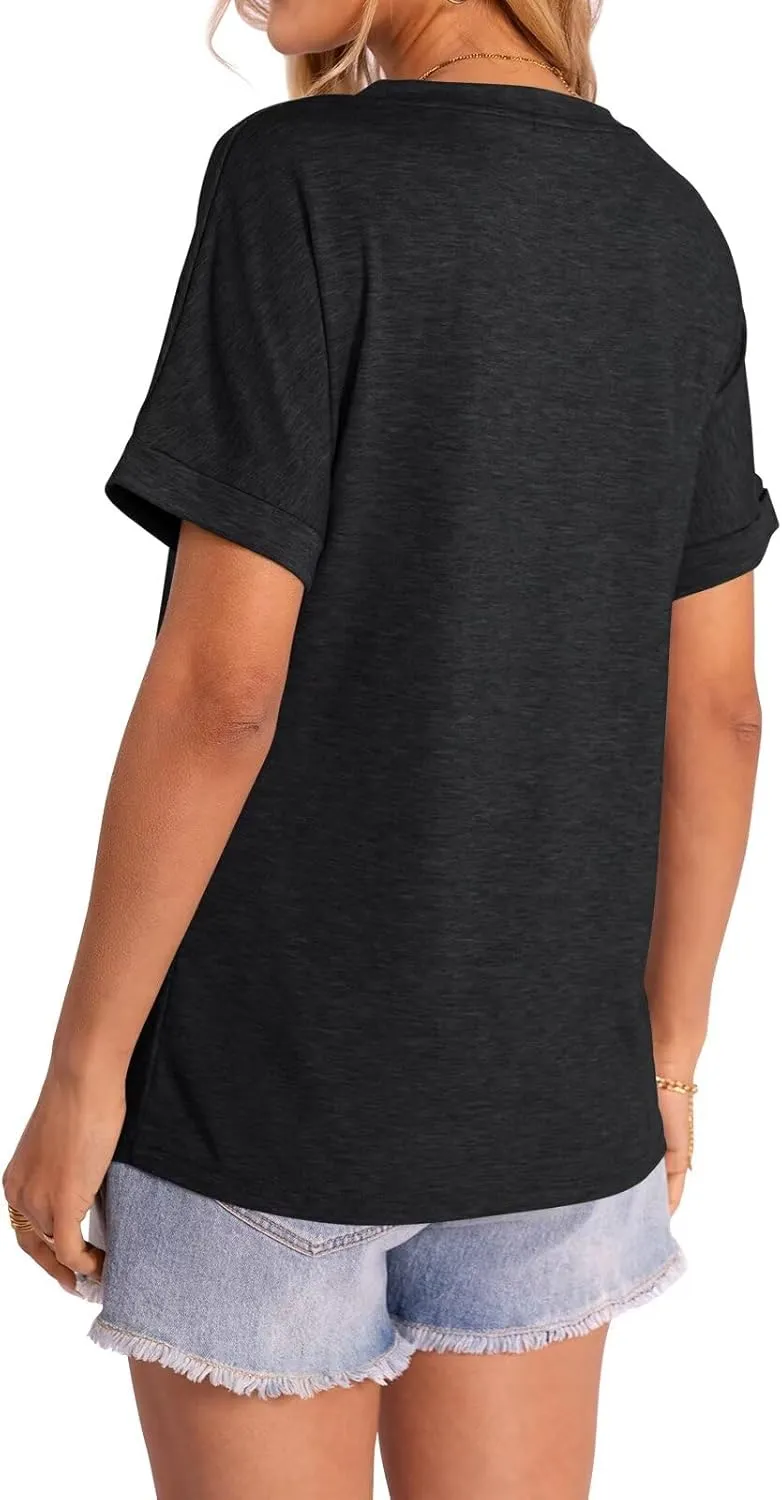 Women's T-Shirts Rolled Short Sleeve Shirts Crewneck Summer Tops Solid Loose Casual Tees Shirts