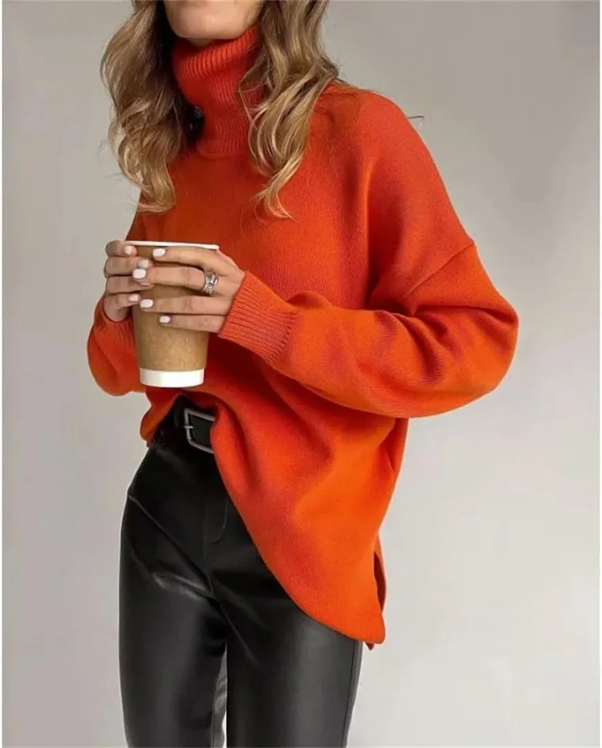 Women's Thick Knit Sweaters Oversize Turtleneck Warm Pullovers Long Sleeve Knitted Tops