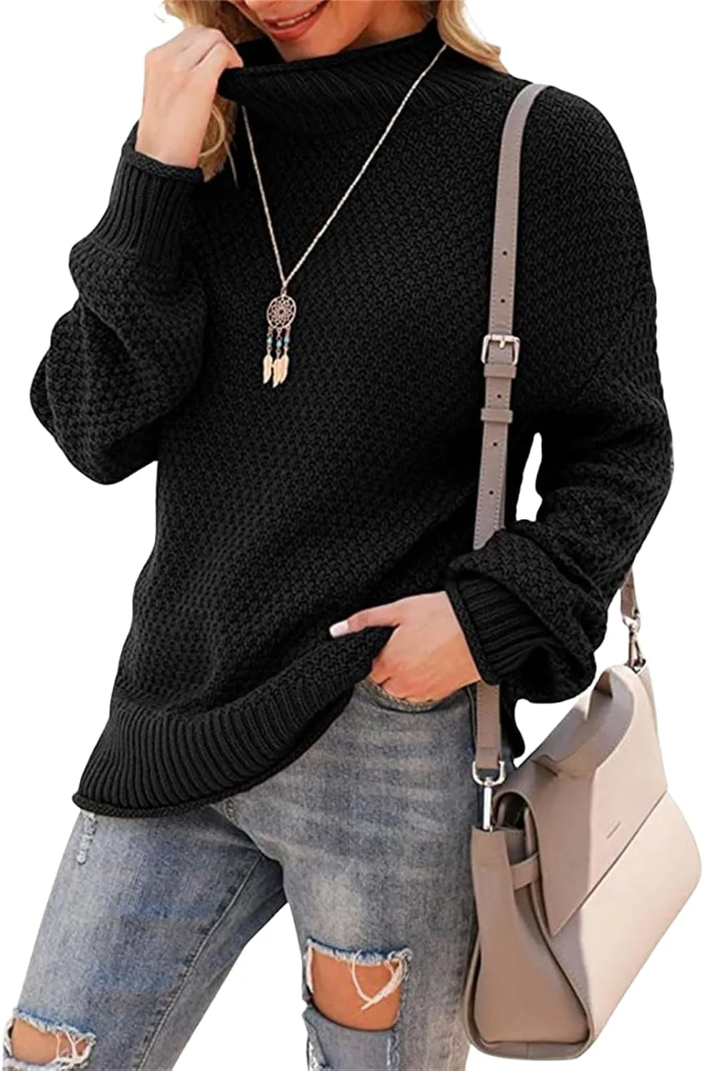 Women's Turtleneck Oversized Sweaters Batwing Long Sleeve Loose Chunky Knit Pullovers