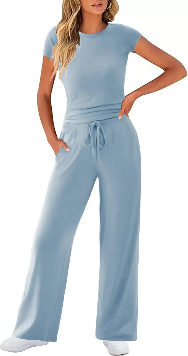 Womens Two Piece Lounge Sets Wide Leg Drawstring Sweatpants Ruched Crop Top Casual Matching Set Pajamas Outfits