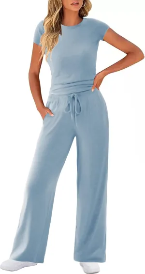 Womens Two Piece Lounge Sets Wide Leg Drawstring Sweatpants Ruched Crop Top Casual Matching Set Pajamas Outfits