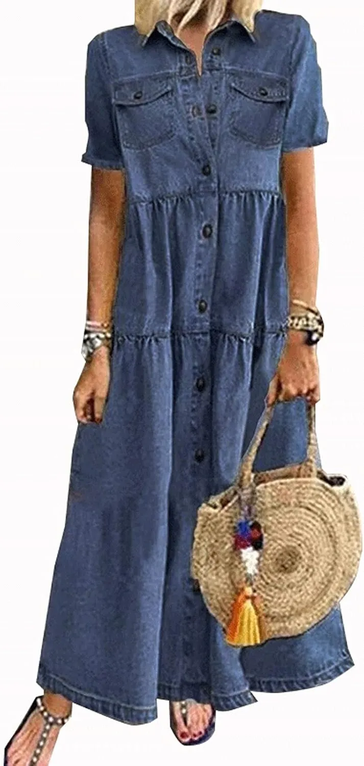 Women's Vintage Short Sleeve Blue Jean Shirt Dress Button Up Denim Dress Summer Jean Shirt Dress Flowy Fall Long Dress