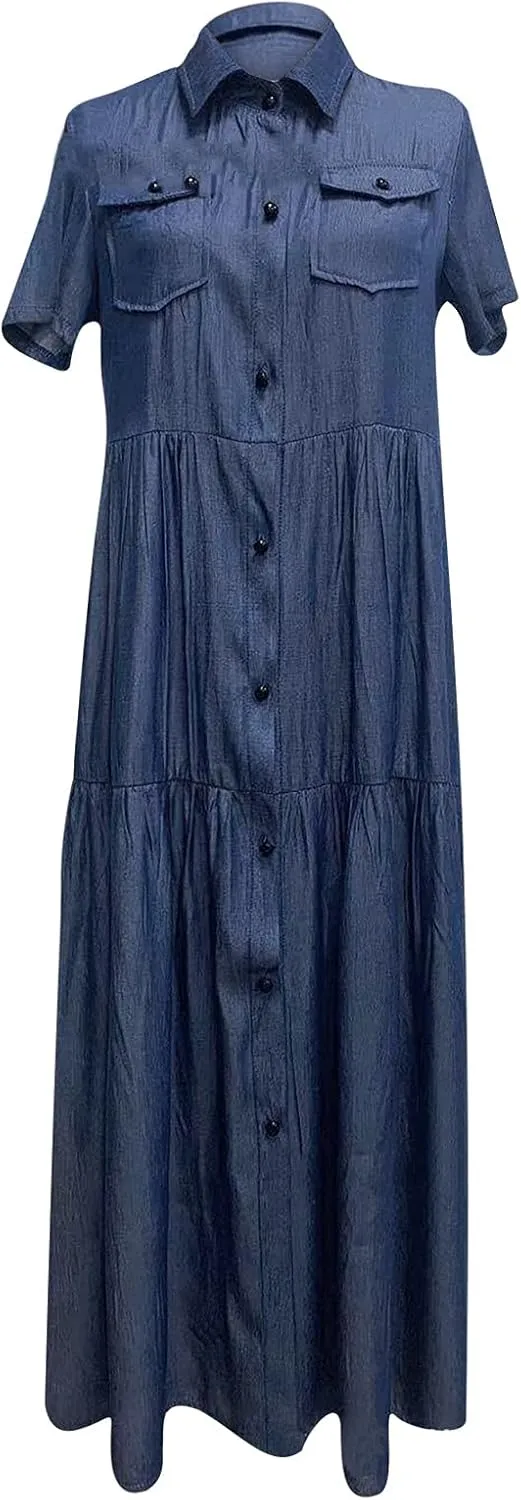 Women's Vintage Short Sleeve Blue Jean Shirt Dress Button Up Denim Dress Summer Jean Shirt Dress Flowy Fall Long Dress