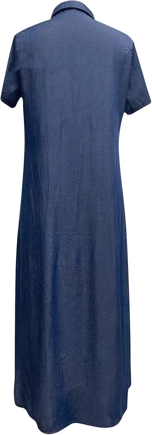 Women's Vintage Short Sleeve Blue Jean Shirt Dress Button Up Denim Dress Summer Jean Shirt Dress Flowy Fall Long Dress