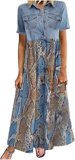 Women's Vintage Short Sleeve Blue Jean Shirt Dress Button Up Denim Dress Summer Jean Shirt Dress Flowy Fall Long Dress