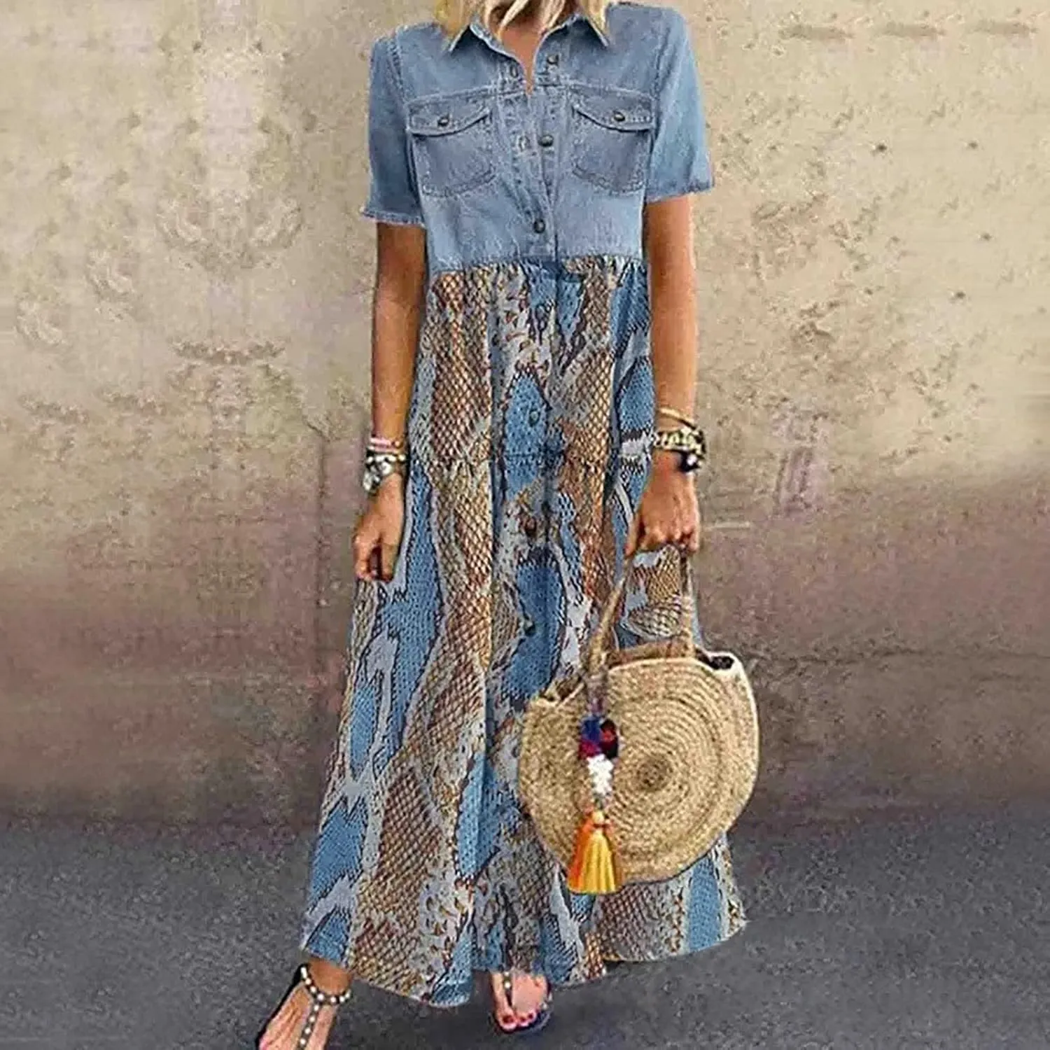 Women's Vintage Short Sleeve Blue Jean Shirt Dress Button Up Denim Dress Summer Jean Shirt Dress Flowy Fall Long Dress