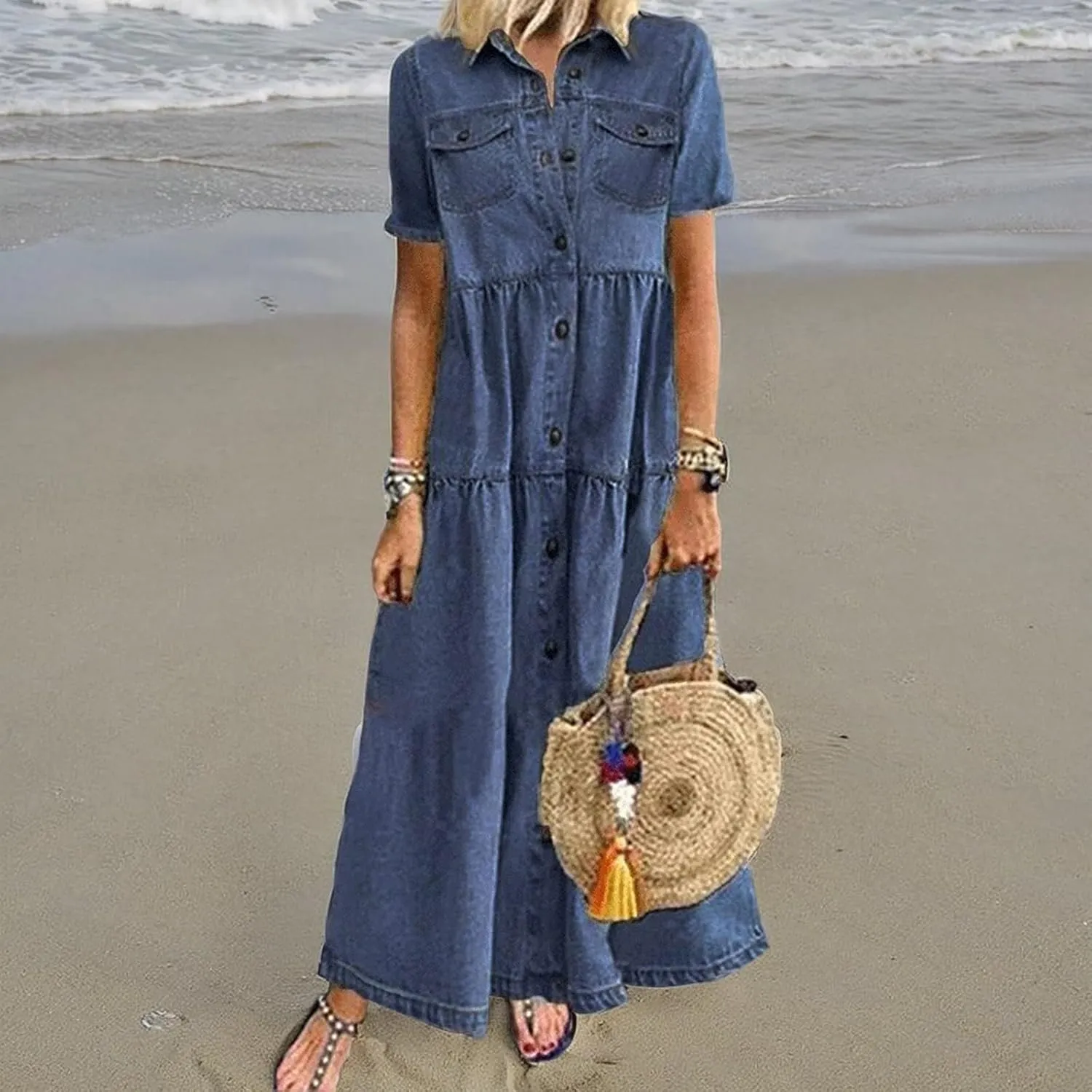 Women's Vintage Short Sleeve Blue Jean Shirt Dress Button Up Denim Dress Summer Jean Shirt Dress Flowy Fall Long Dress