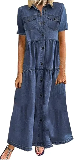 Women's Vintage Short Sleeve Blue Jean Shirt Dress Button Up Denim Dress Summer Jean Shirt Dress Flowy Fall Long Dress