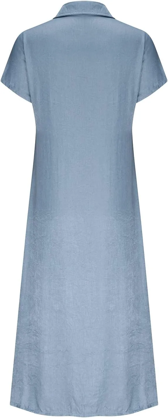 Women's Vintage Short Sleeve Blue Jean Shirt Dress Button Up Denim Dress Summer Jean Shirt Dress Flowy Fall Long Dress