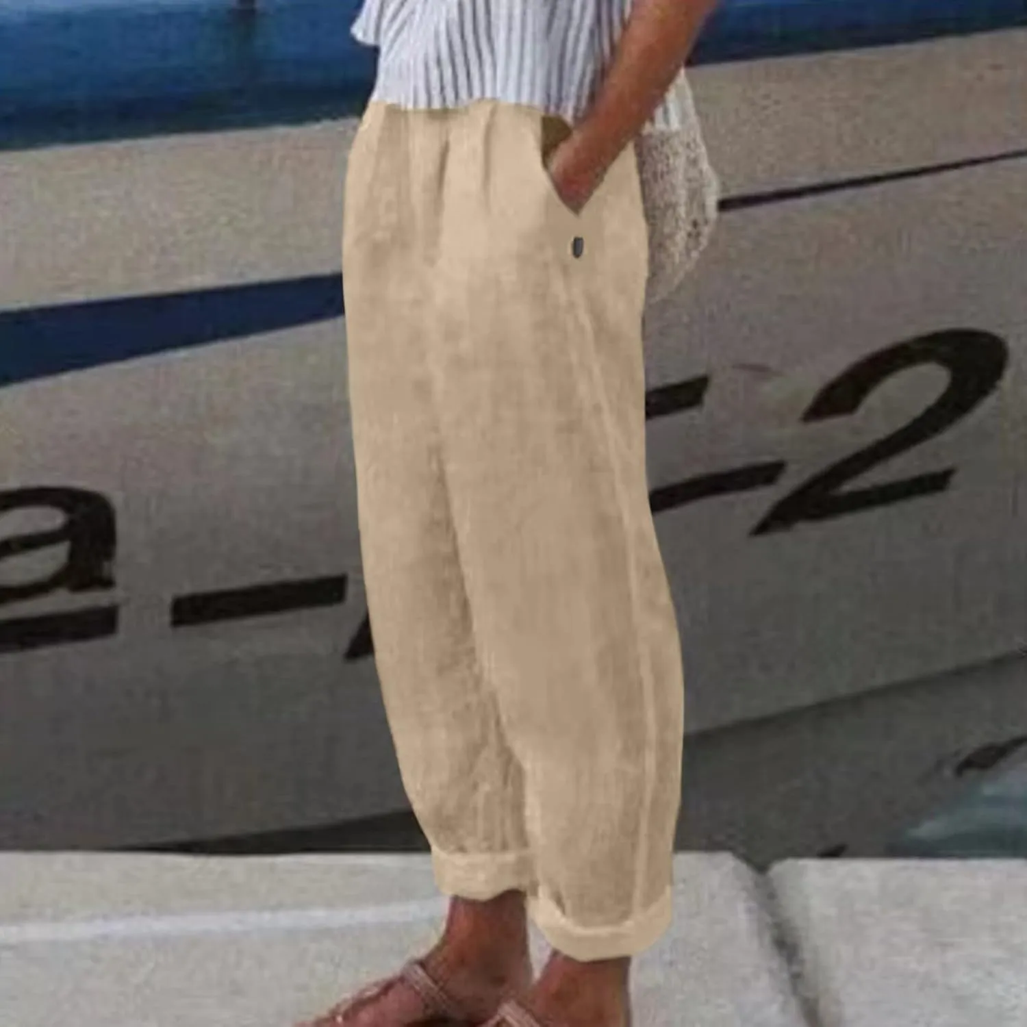 Womens Wide Leg Linen Pants Summer Dressy Elastic High Waist Palazzo Pant Yoga Loose Flowy Trouser with Pocket