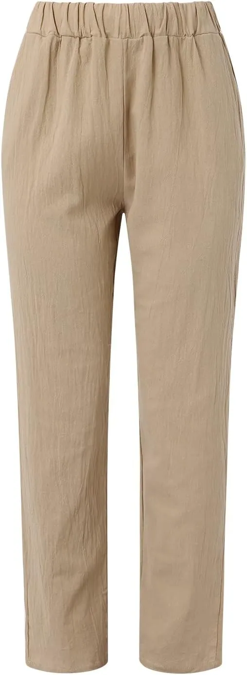 Womens Wide Leg Linen Pants Summer Dressy Elastic High Waist Palazzo Pant Yoga Loose Flowy Trouser with Pocket
