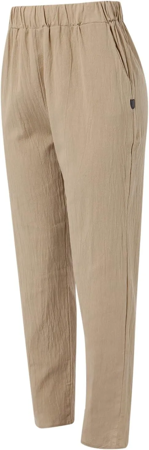 Womens Wide Leg Linen Pants Summer Dressy Elastic High Waist Palazzo Pant Yoga Loose Flowy Trouser with Pocket