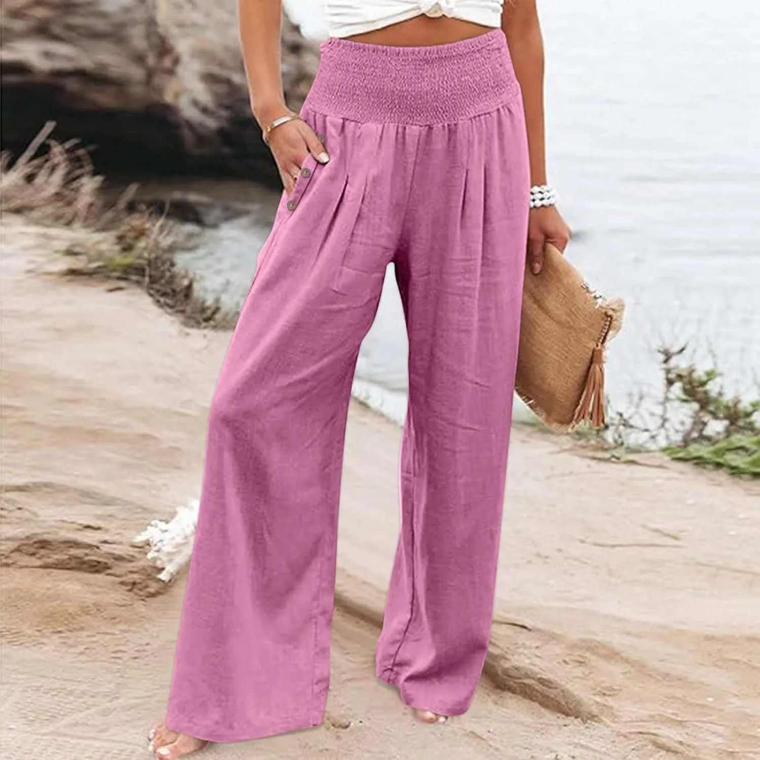 Women's Wide Leg Pants High Waisted Linen Pants Loose Fit Summer Pants Flowy Beach Pants Comfy Palazzo Pants Trousers