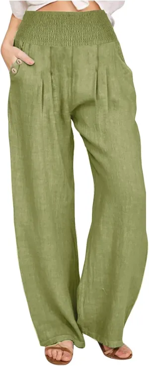 Women's Wide Leg Pants High Waisted Linen Pants Loose Fit Summer Pants Flowy Beach Pants Comfy Palazzo Pants Trousers