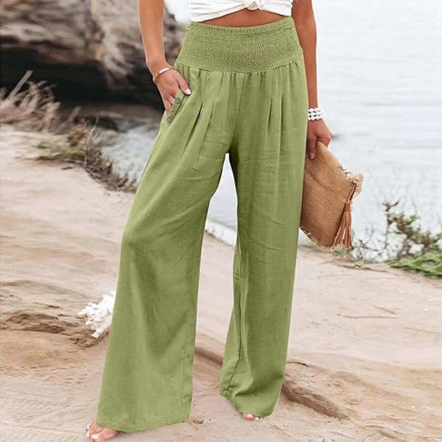 Women's Wide Leg Pants High Waisted Linen Pants Loose Fit Summer Pants Flowy Beach Pants Comfy Palazzo Pants Trousers