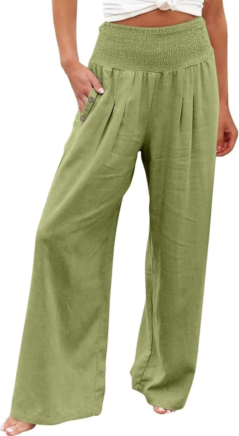 Women's Wide Leg Pants High Waisted Linen Pants Loose Fit Summer Pants Flowy Beach Pants Comfy Palazzo Pants Trousers