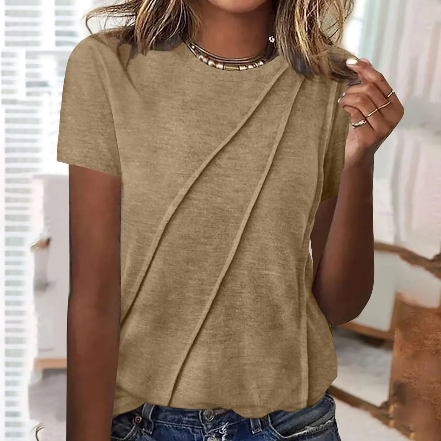Womens Wrap Pleated Front T-Shirts Fashion Comfy Short Sleeve Tee Tops Casual Loose Fit Crewneck Solid Blouse Tunics