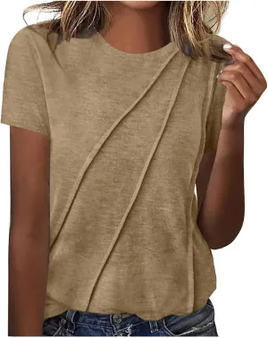 Womens Wrap Pleated Front T-Shirts Fashion Comfy Short Sleeve Tee Tops Casual Loose Fit Crewneck Solid Blouse Tunics