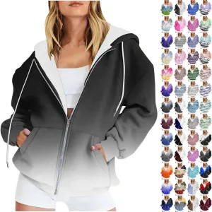 Womens Zip Up Hoodies Sherpa Lined Fleece Thermal Jacket Full Zip Long Sleeve Sweatshirts Gradient Color Shirts Coat