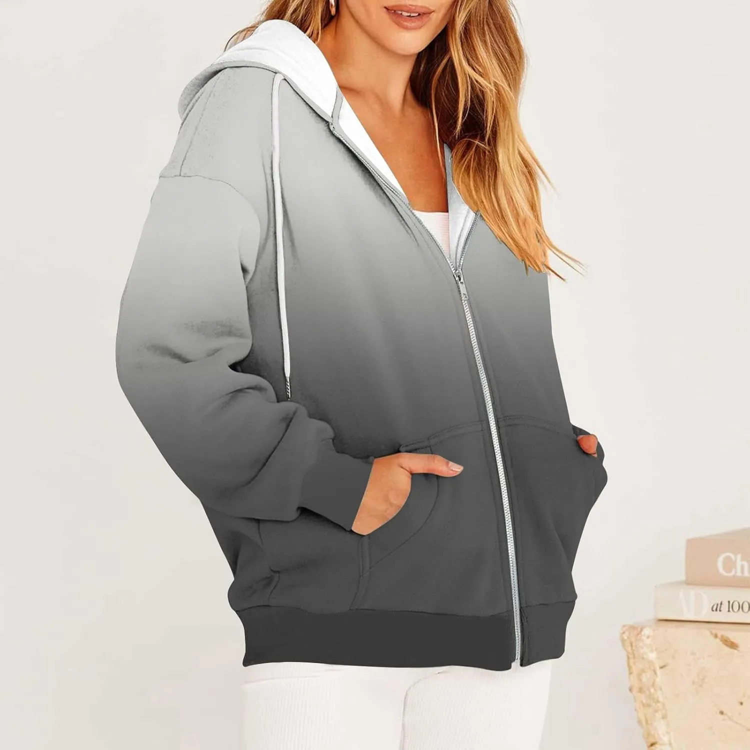Womens Zip Up Hoodies Sherpa Lined Fleece Thermal Jacket Full Zip Long Sleeve Sweatshirts Gradient Color Shirts Coat