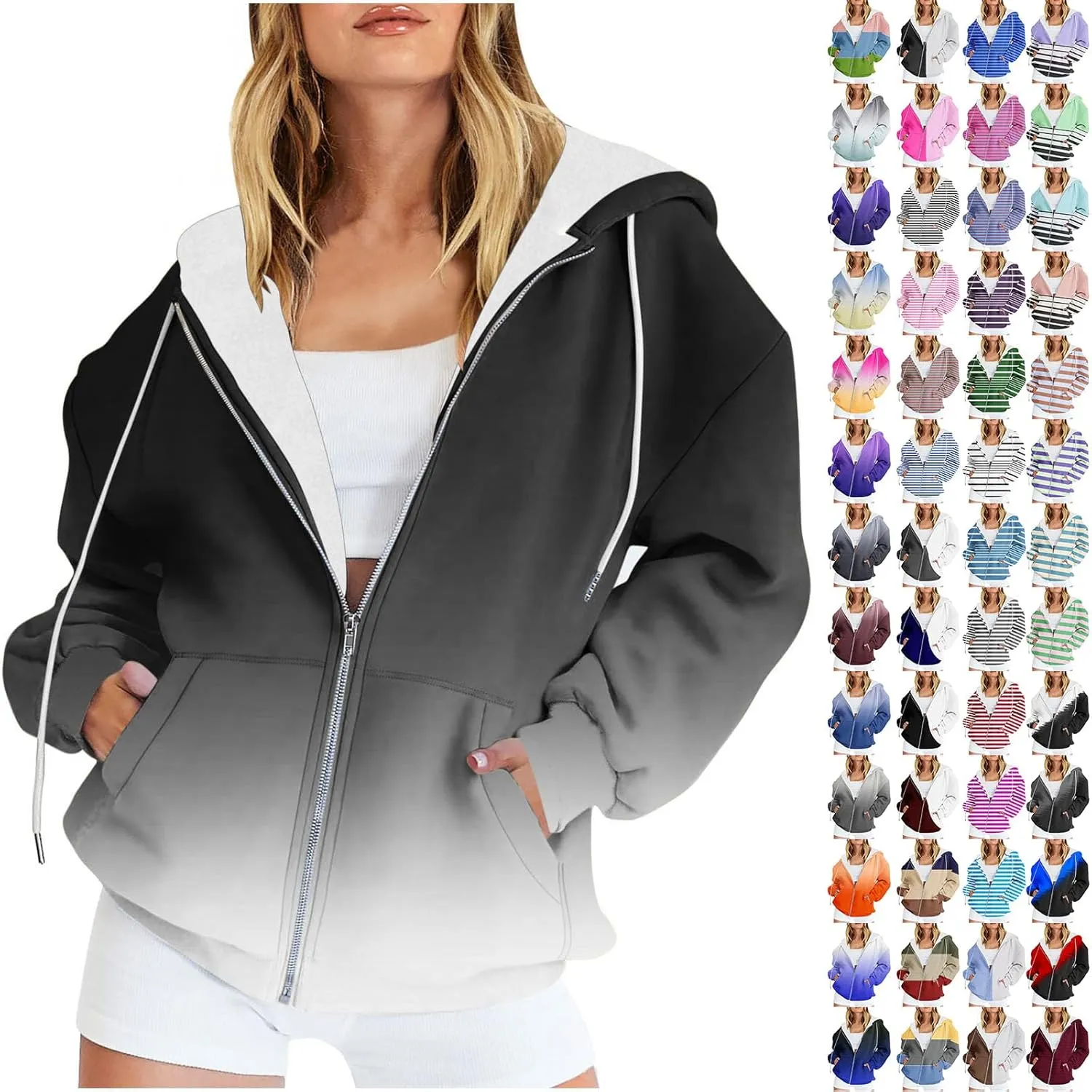 Womens Zip Up Hoodies Sherpa Lined Fleece Thermal Jacket Full Zip Long Sleeve Sweatshirts Gradient Color Shirts Coat