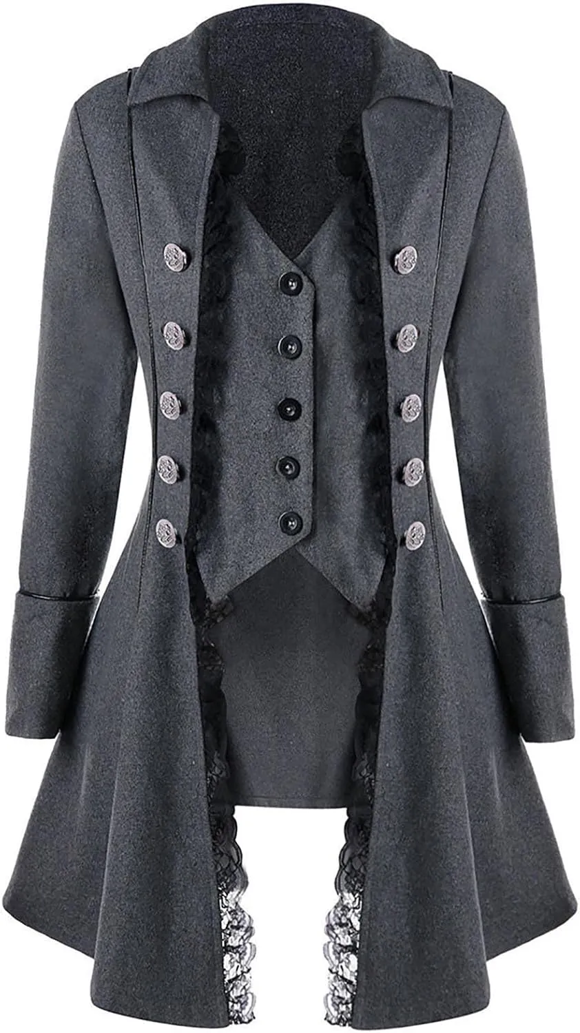 XUNRYAN Women Steampunk Trench Coats Medieval Renaissance Victorian Vampire Gothic Long Winter Jacket Halloween Costume