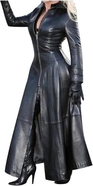 XUNRYAN Womens Faux Leather Maxi Long Jacket Vintage Victorian Steampunk Jackets Zipper Gothic Plus Size Long Trench Coat
