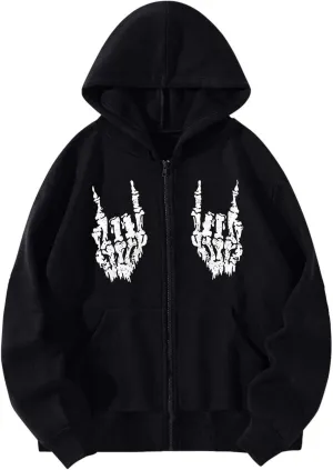 Y2K Hoodies for Women Full Zip Up Print Graphic Oversized Pockets Hooded Jacket 90s Long Sleeve Sweatshirt Halloween Fall
