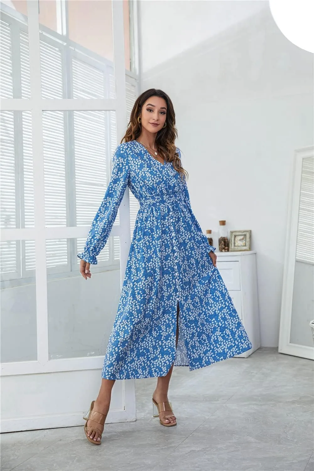 YOXUA Women's Wrap V Neck Elastic Waist Long Sleeve Floral Print Side Slit Flowy A Line Midi Dresses