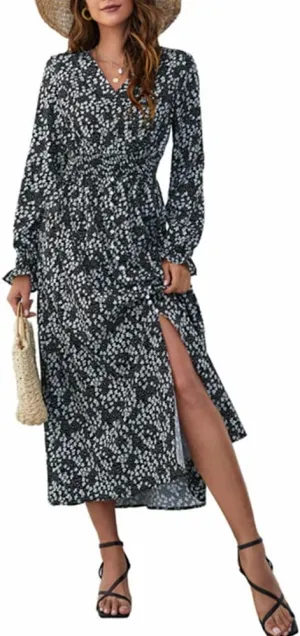 YOXUA Women's Wrap V Neck Elastic Waist Long Sleeve Floral Print Side Slit Flowy A Line Midi Dresses