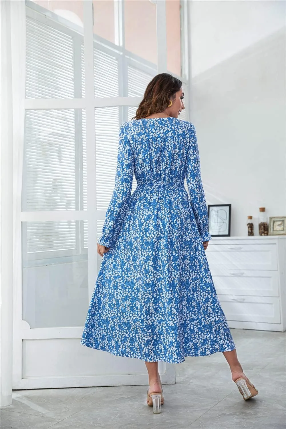YOXUA Women's Wrap V Neck Elastic Waist Long Sleeve Floral Print Side Slit Flowy A Line Midi Dresses