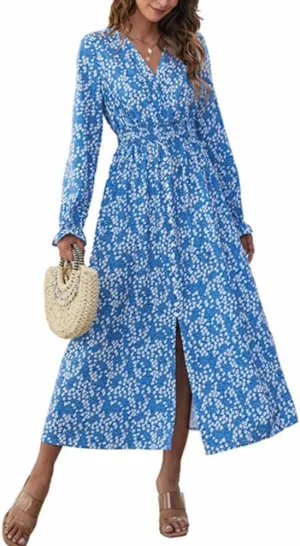YOXUA Women's Wrap V Neck Elastic Waist Long Sleeve Floral Print Side Slit Flowy A Line Midi Dresses