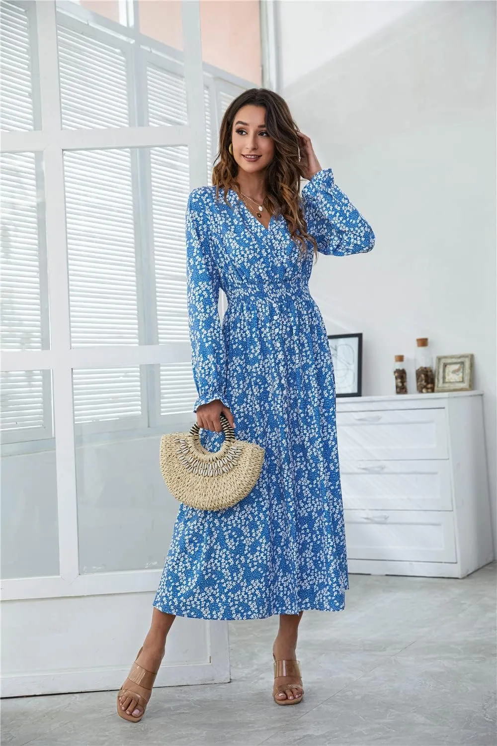 YOXUA Women's Wrap V Neck Elastic Waist Long Sleeve Floral Print Side Slit Flowy A Line Midi Dresses