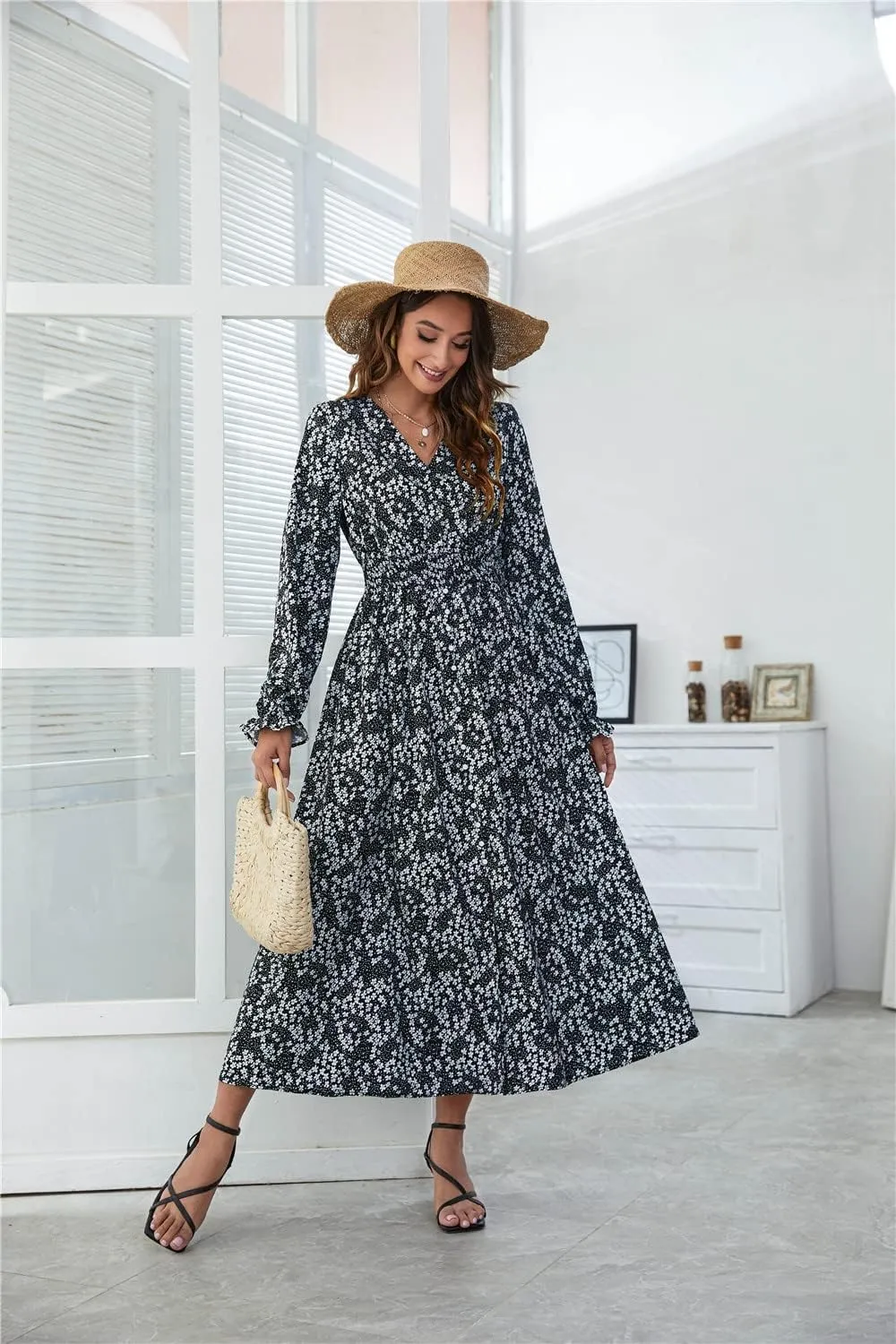 YOXUA Women's Wrap V Neck Elastic Waist Long Sleeve Floral Print Side Slit Flowy A Line Midi Dresses