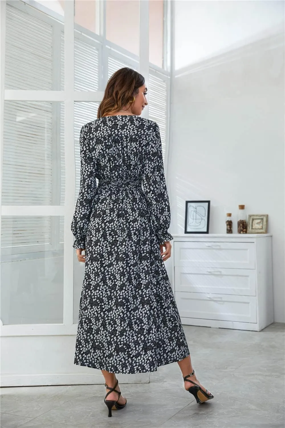YOXUA Women's Wrap V Neck Elastic Waist Long Sleeve Floral Print Side Slit Flowy A Line Midi Dresses