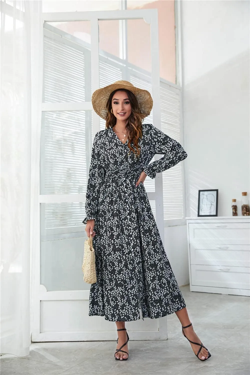 YOXUA Women's Wrap V Neck Elastic Waist Long Sleeve Floral Print Side Slit Flowy A Line Midi Dresses