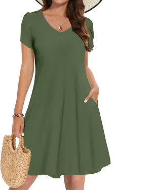 YRAETENM Summer Dresses for Women 2025 Casual Mini Short Sleeve A-Line Dress Flowy Swing Vocation Beach Sundress with Pockets