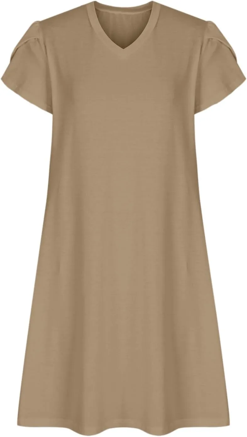YRAETENM Summer Dresses for Women 2025 Casual Mini Short Sleeve A-Line Dress Flowy Swing Vocation Beach Sundress with Pockets